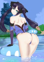 ass back_view big_butt blue_eyes blue_hair cameltoe genshin_impact lake legs looking_back mona_(genshin_impact) purple_hair ruperallmighty shoulder_blades shoulders slime slime_monster spring swimming swimwear turquoise_eyes twintails