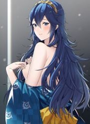 1girls alternate_costume ameno_(a_meno0) back bare_shoulders blue_eyes blue_hair blue_kimono breasts closed_mouth clothes_down female female_only fire_emblem fire_emblem_awakening from_side gold_hairband japanese_clothes kimono kimono_pull long_hair looking_at_viewer lucina_(fire_emblem) nintendo obi off_shoulder official_alternate_costume sash small_breasts solo wavy_hair