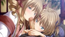 1boy 2girls akane_(kunado_kokuki) aoi_(kunado_kokuki) asahina_hikage bangs blonde_hair blue_eyes blue_ribbon blurry blurry_background bow censored collaborative_fellatio cooperative_fellatio drill_hair eyebrows_visible_through_hair fellatio game_cg hair_between_eyes hair_ribbon hairbow half-closed_eyes indoors japanese_clothes kimono kunado_kokuki long_hair long_sleeves looking_at_viewer mosaic_censoring multiple_girls oral penis red_bow ribbon shiny shiny_hair short_hair siblings sisters twin_drills twins white_kimono