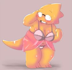 1girls 2d alphys aruput aruput_ut big_breasts blush bra breasts chubby cleavage female female_only glasses humanoid lingerie lizard_girl lizard_humanoid panties solo sweat sweatdrop sweating tagme thick_thighs undertale undertale_(series) underwear