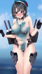 bar_censor beret black_gloves black_hair blue_sky blush bodypaint breasts censored collarbone cowboy_shot eyebrows_visible_through_hair female gloves hat kantai_collection large_breasts navel nose_blush outdoors painted_clothes red_eyes rigging sasakura_(calicchio) short_hair sky solo takao_(kantai_collection)