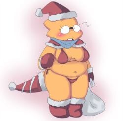 1girls 2d alphys aruput aruput_ut bikini blush christmas chubby female female_only glasses humanoid lizard_girl lizard_humanoid santa_costume santa_hat socks solo swimsuit tagme undertale undertale_(series)