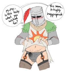 blush body_hair bulge clothes_lift dark_souls embarrassed english_text erection_under_clothes fromsoftware garter_straps helmet knight lingerie looking_down male male_only nylons panties precum precum_through_clothing sheer_legwear shenpai_(artist) shy sinpai solaire_of_astora solo stockings thighhighs underwear