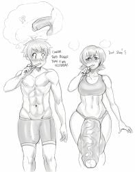 1boy 1futa 2015 abs balls big_breasts big_penis black_and_white blush bottomless breasts bulge clothed clothing dialogue dickgirl duo embarrassed erection exposed_penis female futa_is_bigger futa_with_male futanari human hyper hyper_penis intersex male modeseven monochrome partially_clothed penis penis_longer_than_knee penis_size_comparison penis_size_difference short_hair sketch standing testicles text thick_thighs tomboy toothbrush topless wide_hips