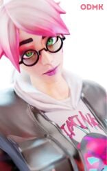 1girls 3d 3d_(artwork) blender callisto_(fortnite) cat_eyes female fortnite fortnite:_battle_royale green_eyes jacket lenses looking_at_viewer pink_hair request star_tattoo sweaty unknown_artist