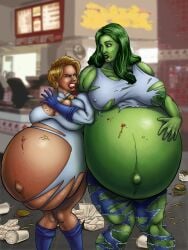 2girls areolae belly belly_button belly_expansion belly_inflation belly_stuffing big_belly big_breasts bloated bloated_belly blonde_hair blue_eyes boots breasts cleavage dc dc_comics expansion female female_only food food_on_body food_stains green_eyes green_hair green_skin hand_on_belly height_difference huge_belly huge_breasts inflated_belly inflation kara_zor-l large_breasts long_hair marvel marvel_comics massive_belly muscular muscular_female muscular_legs navel nipple_bulge nipples obese one_eye_closed outie_navel overeating overweight popstandpinup power_girl she-hulk short_hair size_difference stuffed stuffed_belly stuffing torn_clothes