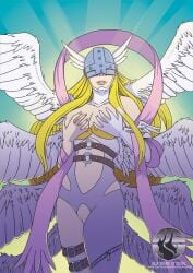 1girls 8_wings angel angel_wings angewomon areolae asymmetrical_clothes belt blonde_hair breasts breasts_out darkdamien digimon female female_only hands_on_breasts helmet innie_pussy large_breasts long_hair mask navel nipples pussy ribbon smile solo wings