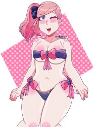 1girls blue_eyes blush danganronpa danganronpa_another fanganronpa female_only hair_ribbon kabuya_yoruko kekibon one_eye_closed painted_nails pink_hair sdra2 side_ponytail straight_hair super_danganronpa_another_2 swimsuit wink