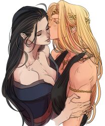 2girls big_breasts cleavage clothing couple dress elden_ring female female_only fromsoftware goddess kissing marceline2174 queen_marika_the_eternal rennala_queen_of_the_full_moon yuri