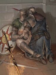 2boys armor bare_chest bodily_fluids bottomless chosen_undead dark_souls detailed detailed_background fromsoftware functionally_nude gay genital_fluids helmet implied_sex indoors intimate kneeling knight male male_only masked masked_male painting_(artwork) partially_clothed pilgrim_(silentreverie) romantic_ambiance sitting solaire_of_astora sweat sword weapon yaoi