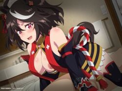 animal_ears black_hair blush breasts cleavage clothed_sex commentary_request cowgirl_position eufoniuz female hair_between_eyes hair_ornament highres horse_ears kitasan_black_(umamusume) large_breasts nipples open_mouth red_eyes sex solo_focus straddling sweatdrop umamusume