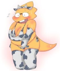 1girls 2d alphys aruput aruput_ut big_breasts blush bovine breasts chubby cow_ears cow_horns cow_print embarrassed female female_only glasses humanoid lizard lizard_girl lizard_humanoid solo sweat sweatdrop sweating swimsuit tagme undertale undertale_(series)