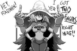 bankage elden_ring female female_only flipping_off flipping_viewer_off fromsoftware funny huge_breasts ranni_the_witch shirt text two_fingers_(elden_ring) witch