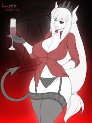 1girls big_breasts black_panties black_thighhighs breasts cleavage demon demon_girl demon_horns demon_tail female female_only garter_belt garter_straps glass helltaker holding holding_drink holding_object huge_breasts large_breasts long_hair lucifer_(helltaker) no_pants panties red_eyes red_shirt shirt solo solo_female thick_thighs thighhighs thighs waifuholic white_hair wine_glass