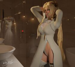 3d adjusting_hair bathroom blonde_hair blush green_eyes leotard long_hair nier nier:_automata nier_(series) ponytail solo solo_female standing thighhighs vizeta white_legwear yorha_commander