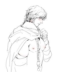 alfred_(bloodborne) bare_chest bloodborne blush cloak fromsoftware looking_back male male_only monochrome nipples pecs pilgrim_(silentreverie) sideburns sketch solo upper_body