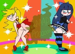 2girls animatedjames ass blue_eyes blue_panties clothing dress duo earrings embarrassed enormous_butt fart fart_cloud fart_fetish farting high_heels long_hair looking_back multiple_girls panties panty_&_stocking_with_garterbelt panty_anarchy pink_panties sisters stocking_anarchy yoshizilla