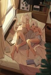 2girls absurdres animal_ears bed blanket blurry book bookshelf breasts cat_ears cat_tail cellphone curtains dated depth_of_field diary female female_only flvski highres indoors long_hair low_ponytail multiple_girls nightstand nude on_bed open_mouth original pen phone ponytail pussy short_hair small_breasts smartphone smile tail white_hair window