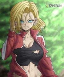 1girls android_18 blonde_hair blue_eyes bob_cut breasts cleavage dirty dirty_face dragon_ball dragon_ball_super female_focus jacket kameseru large_breasts looking_at_viewer navel nipple_slip nipples smile solo torn_clothes torn_jacket track_jacket