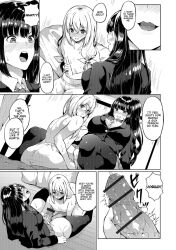 1boy 1futa bar_censor big_breasts black_hair blonde_hair bottomless breasts censored clothed clothing comic dialogue doujinshi english_text femboy futa_on_male futanari handjob human kasuga_mayu long_hair male monochrome mostly_clothed partially_clothed school_uniform schoolgirl text thighhighs topless translated trap twintails wide_hips