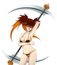 1girls anime_gacha! bikini blush breasts gacha_resort glowing_eyes lunime orange_eyes orange_hair pumpkin scythe scythe_ripper solo striped_bikini suggestive twintails