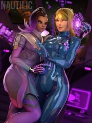 2girls 3d blizzard_entertainment blonde_hair bodysuit dark-skinned_female dark_skin female hypnosis latina metroid mind_control nautilic nintendo overwatch samus_aran sombra tight_clothing zero_suit_samus