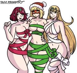 3girls arms_(game) blonde_hair bob_cut breasts captaintaco2345 christmas company_connection crossover gift_wrapped min_min_(arms) multiple_girls mythra pyra super_smash_bros. tacodraws tagme white_background wrappings xenoblade_(series) xenoblade_chronicles_2