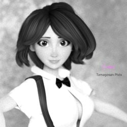 1girls 3d album_cover big_breasts big_hero_6 blender_(software) cass_hamada disney female female_only large_breasts mariya_takeuchi marvel milf monochrome musician open_mouth open_shirt plastic_love shirt solo tamagosan