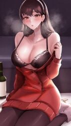 1girls assassin black_hair blush bra cleavage female female_only looking_at_viewer red_eyes solo spy_x_family sweater thorn_princess tommietomm yor_briar yor_forger