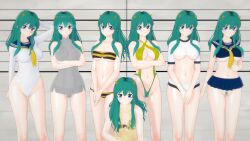 3d bikini blue_eyes female_only green_hair horns koikatsu legs leotard lum oni oni_female oni_girl pubic_hair school_uniform schoolgirl sportswear tiger_bikini tiger_stripes underboob urusei_yatsura virgin_killer_sweater