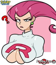 annoyed green_earrings jessie_(pokemon) long_hair magenta_hair nintendo pink_hair pokeball pokemon question_mark silenttandem tagme text_on_clothing tight_clothing tight_fit underboob upper_body white_skin