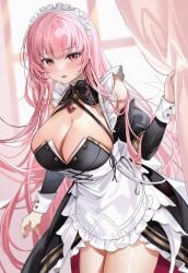 1girls big_breasts female_only hololive hololive_english hololive_myth looking_at_viewer machi_(machi333) maid_uniform mori_calliope pink_eyes pink_hair solo thick_thighs virtual_youtuber