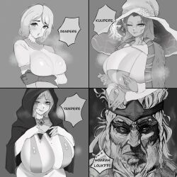 1boy 3girls big_breasts breasts_bigger_than_head cleavage cleavage_cutout comedy elden_ring female fia_the_deathbed_companion fromsoftware funny godfrey_first_elden_lord greyscale huge_breasts humor kuudere looking_at_viewer male meme ranni_the_witch roderika_(elden_ring) short_hair skimpy skimpy_bikini sunzo05 tagme tongue_out underboob voutake09 witch_hat yandere