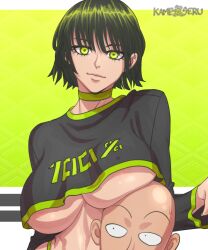 1boy 1girls apple_green_clothing apple_green_eyes apple_green_hair bald bald_male bare_midriff breast_press breasts breasts_on_head breasts_outside busty choker couple covered_erect_nipples crop_top cropped_shirt detailed_eyes female fubuki_(one-punch_man) girlfriend glowing_eyes green_background green_clothing green_eyes green_hair green_highlights green_panties green_theme hair hero heroine kameseru large_breasts light-skinned_female light-skinned_male light_skin lips long_sleeves looking_at_viewer male male/female medium_hair midriff one-punch_man saitama short_hair slight_smile smile smiling smiling_at_viewer smirk straight string_panties sweatdrop thong toned toned_body toned_female toned_stomach two_tone_hair underboob wholesome