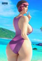 1girls 3d ass back_breast back_view beach big_ass big_breasts breast cap female female_only fortnite fortnite:_battle_royale looking_at_viewer nitebeam_(fortnite) pink_hair request sweaty swimsuit wotm8h8