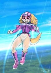 4_fingers anthro armor boots bottomless breasts canid canine canis clothed clothing cockapoo diacordst domestic_dog female fingers flying footwear fur genitals harness headgear helmet hi_res jet_pack mammal mixed_breed open_mouth paw_patrol pink_eyes pussy sky skye_(paw_patrol) smile solo tan_body tan_fur topwear vest visor