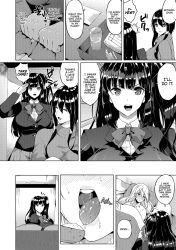 1boy 2futas big_breasts black_hair blonde_hair breasts clothed clothing comic dialogue doujinshi english_text femboy fully_clothed futanari human kasuga_mayu long_hair male monochrome school_uniform schoolgirl tagme text thighhighs translated trap twintails wide_hips