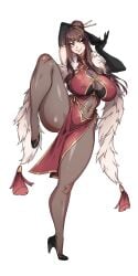 big_breasts brown_hair chinese_dress chopsticks_in_hair female high_heels leg_up long_gloves long_hair naidong thick_thighs