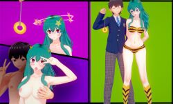 3d blue_eyes brainwashing breasts breasts_out green_hair heart-shaped_pupils horns hypnosis koikatsu lum mind_control nipples nude nude_female oni oni_female oni_girl straight tiger_bikini tiger_stripes urusei_yatsura