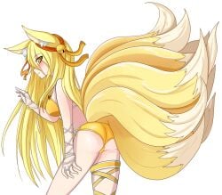 1girls anime_gacha! ass bell bikini blonde_hair blush breasts fox_ears gacha_resort gacha_world kemonomimi kitsune kitsune_mitsuko long_hair looking_at_viewer looking_back lunime multi_tail nine_tailed_fox solo transparent_background unknown_artist yellow_eyes