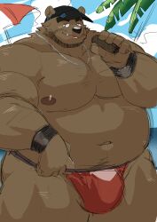 2022 absurd_res anthro balls barely_visible_balls barely_visible_genitalia beard belly big_belly brown_body bulge clothing facial_hair genitals hat headgear headwear hi_res humanoid_hands kemono male mammal moobs navel nipples outside overweight overweight_male solo underwear ursid yuuuki_desu