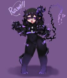 black_hair demon_ears denva9 gauntlets horn latex_skin long_hair original_character purple_eyes shark_teeth smile solo_male tail text text_bubble two_tone_hair