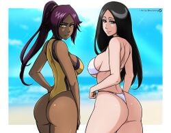 2girls alternate_hairstyle ass back_view bare_arms bare_ass bare_back bare_legs bare_shoulders bare_thighs big_ass big_breasts bikini bikini_bottom bikini_top black_hair bleach bleach:_the_thousand-year_blood_war blue_eyes blue_sky blush breasts brown_skin chocolate_and_vanilla clouds cropped_legs curvaceous curvy curvy_body curvy_female curvy_figure dark-skinned_female dark_skin dat_ass female female_only from_behind hair_down landscape light-skinned_female light_particles light_skin looking_at_viewer looking_back loose_hair mature mature_female mature_woman mistowing multiple_females multiple_girls ocean one-piece_swimsuit ponytail presenting presenting_ass presenting_hindquarters rear_view revealing_swimsuit round_ass shihouin_yoruichi sideboob skimpy skimpy_bikini smile smiling smiling_at_viewer swimsuit take_your_pick taken_from_behind thong_bikini thong_swimsuit tied_hair tight_swimsuit unohana_retsu unohana_yachiru very_long_hair voluptuous water white_border wide_hips yellow_eyes