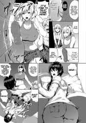 1boy 1futa back back_view big_breasts black_hair blonde_hair breasts clothed clothing comic dialogue doujinshi english_text femboy fully_clothed futa_on_male futanari huge_ass human kasuga_mayu long_hair looking_back male monochrome tagme text thick_thighs translated trap twintails wide_hips