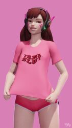 1girls 3d blender blizzard_entertainment brown_hair clothed clothing d.va english_text female female_only fully_clothed looking_at_viewer no_pants overwatch panties print_shirt solo vulpeculy