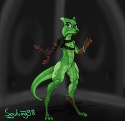 2021 absurd_res anthro blue_sclera clawed_fingers claws digital_media_(artwork) evamal_(soulwing98) eyelashes female genitals green_body green_scales green_skin hi_res humanoid kobold lizard nude prosthetic prosthetic_arm prosthetic_limb pussy red_eyes red_feet red_pawpadsblep reptile scales scalie scar solo soulwing98 toe_claws