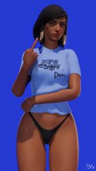 3d 3girls blender blizzard_entertainment clothed clothing english_text looking_at_viewer middle_finger no_pants overwatch panties pharah print_shirt vulpeculy