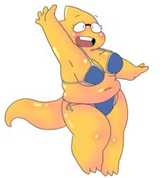 1girls 2d alphys aruput aruput_ut blush chubby female female_only glasses humanoid lizard_girl lizard_humanoid smile smiling solo swimsuit tagme undertale undertale_(series) waving