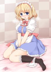 alice_margatroid alternative_costume apron bent_knees between_legs between_thighs black_socks blonde_hair blue_eyes blush bow_panties breath caught_masturbating clothing condom enmaided eyebrows_visible_through_hair female female_only hands_between_legs headdress kneeling large_breasts maid maid_headdress masturbation panties panties_around_one_leg panties_removed pantsu sekiri sex_toy short_hair sitting solo touhou underwear v_arms vibrator vibrator_in_pussy wariza white_panties