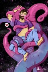 1boy 2021 barefoot beard belly_button blush brown_hair clothed consensual_tentacles consentacles first_post_of_artist heart jeans male male_focus moonkittya navel original original_character shirt_lift speech_bubble tentacle tentacle_on_male